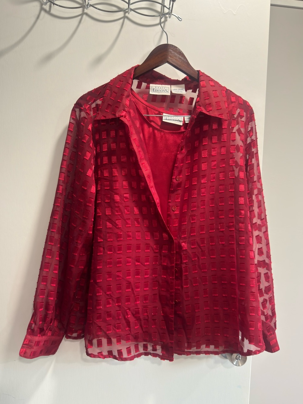 Basic Editions Square Red Sheer Grid Button-Down Shirt set with silk tank